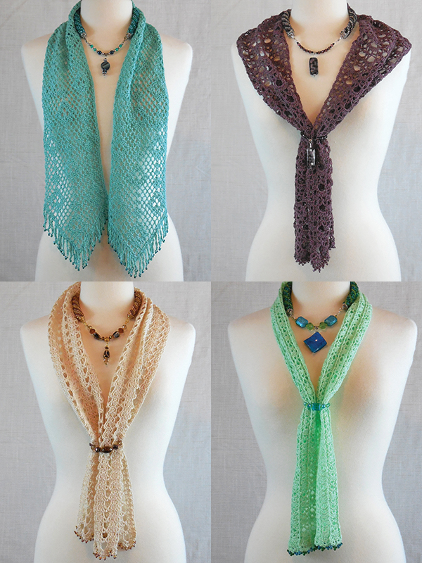 lacy crochet scarves with attached beaded rope necklace
