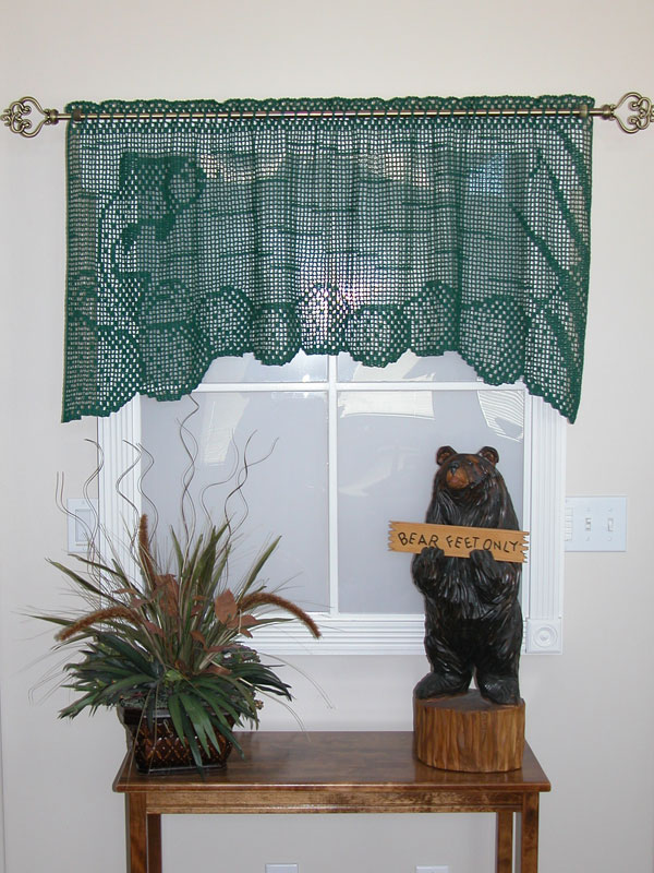 filet crochet window valance with fly fishing theme