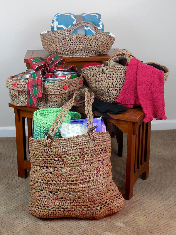 crochet plarn tote and baskets for making donations