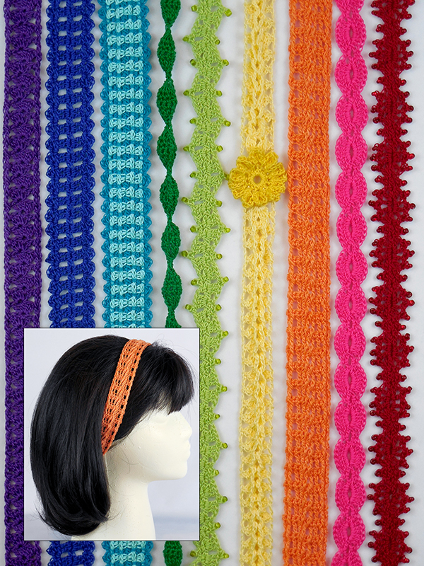 thread crochet headbands in a rainbow of colors