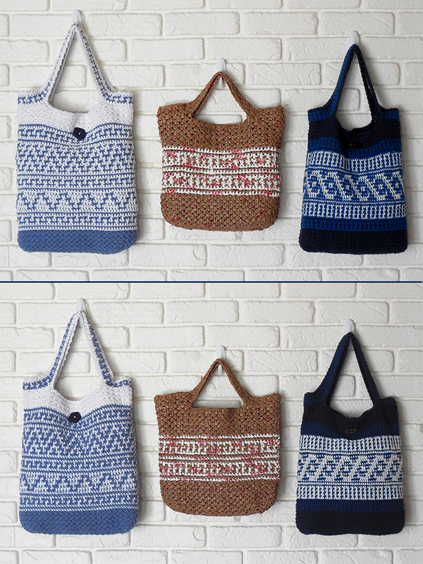 set of three reversible crochet tote bags