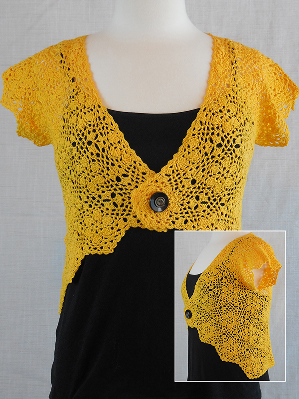thread crochet shrug with flower motif