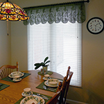filet crochet window valance with bird design