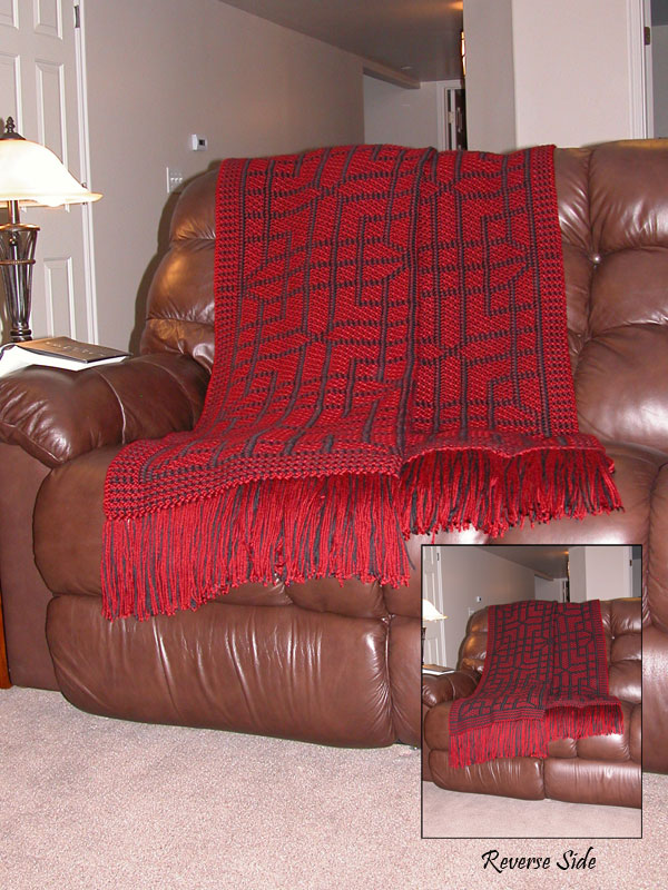 reversible afghan with Chinese lattice design