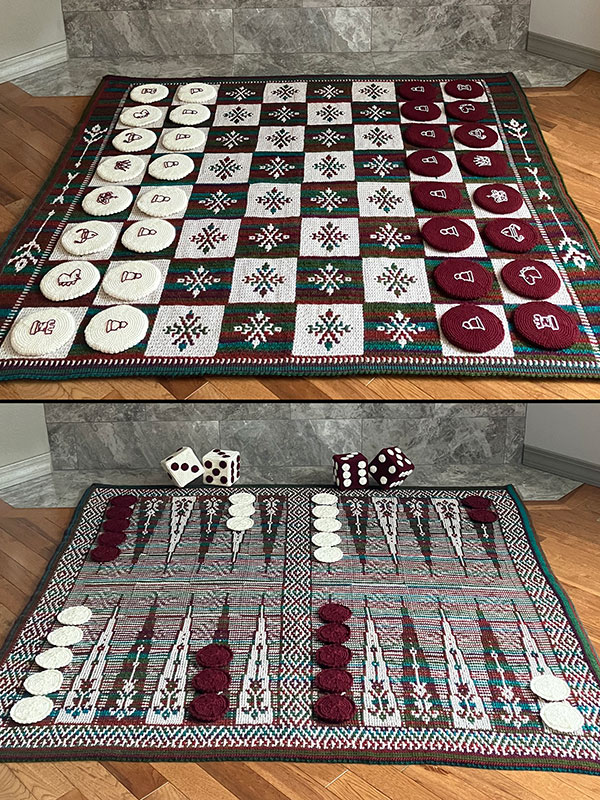 double mosaic afghan with chess/checkers and backgammon design