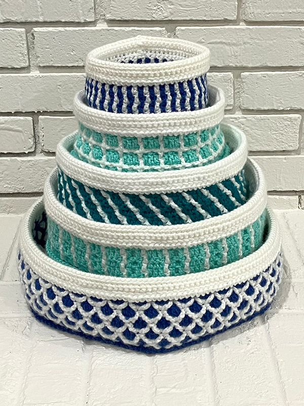 set of five interlocking crochet nesting baskets