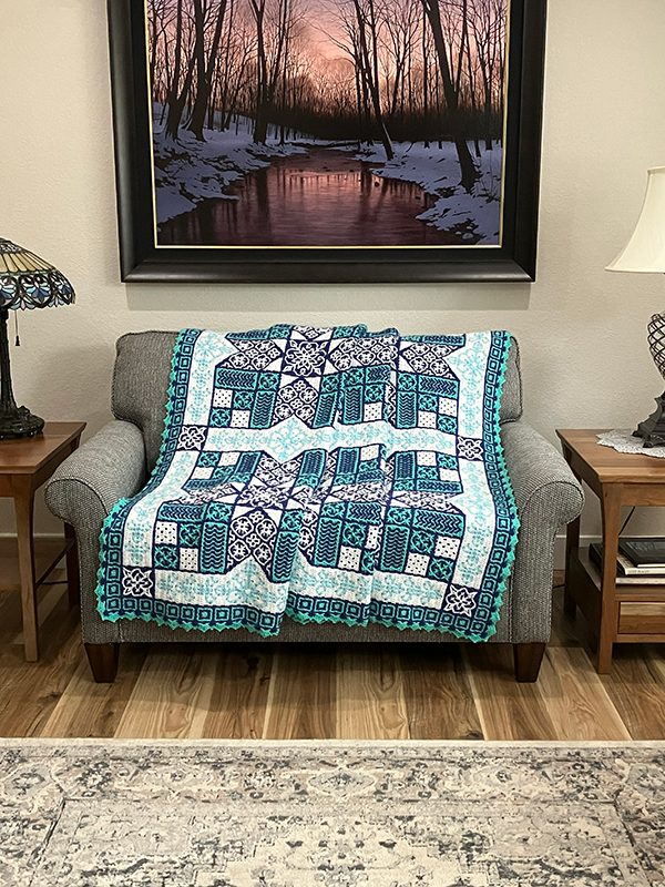 interlocking filet crochet afghan with quilt design